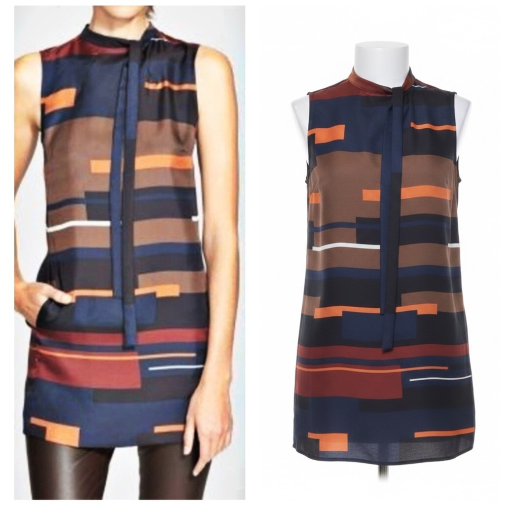Theory 100% Silk Pack Print Twill Nitee Tunic With Bow Colorful Chic Size Medium - Picture 11 of 12